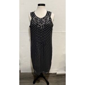 Another Thyme Women's Black White Polka Dot Floral Appliqué Neckline Dress Sz 14